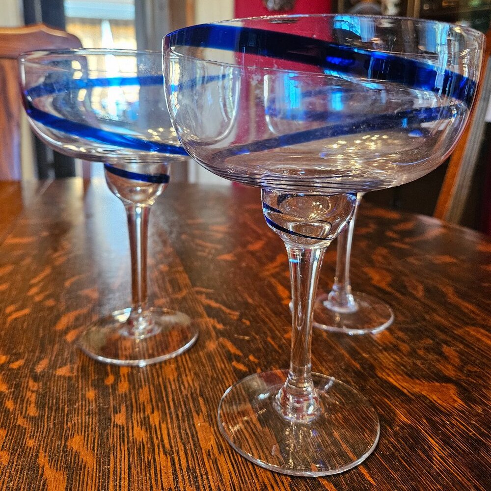 Pier 1 Imports Blue Swirl Stripe Margarita Glass Set of 3